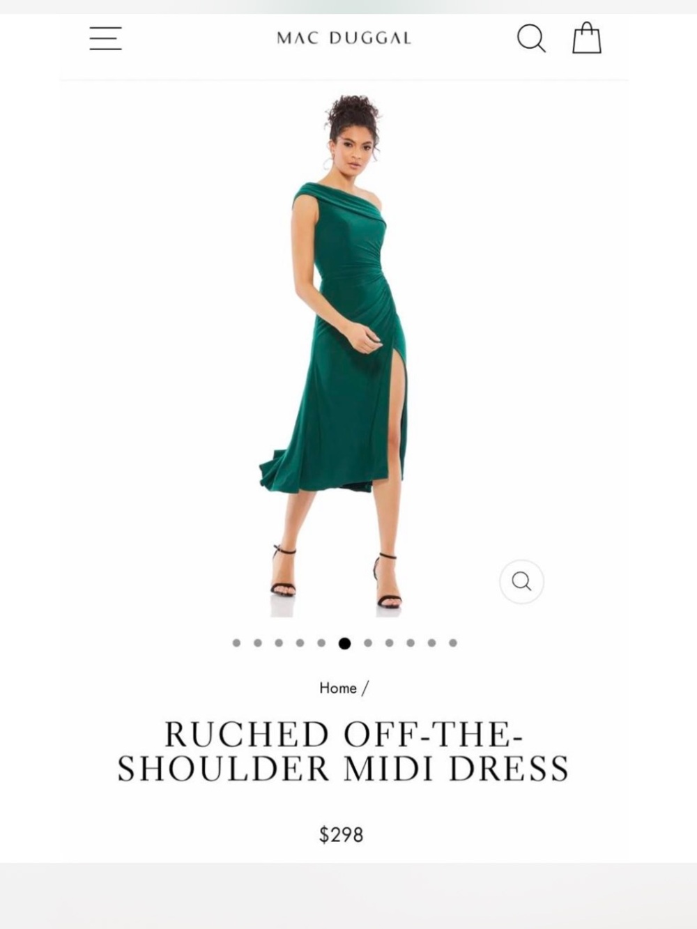 Mac Duggal IEENA Off-Shoulder Emerald Green Midi Dress with Side Slit & Ruching - Picture 4 of 12